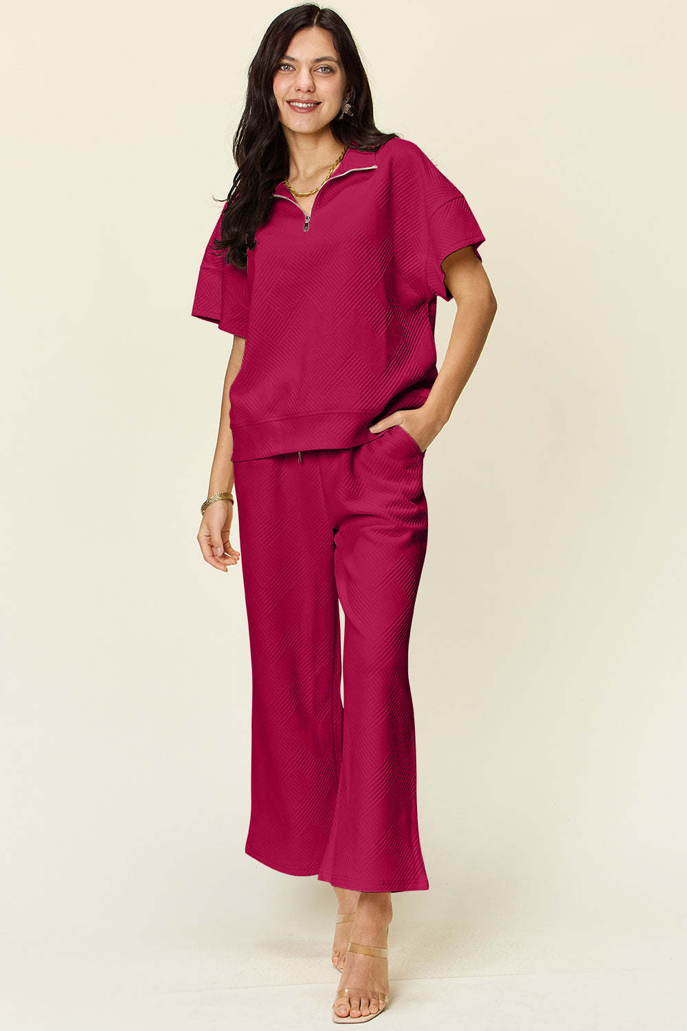 Double Take Full Size Texture Half Zip Short Sleeve Top and Pants Set - UrbanEthereal