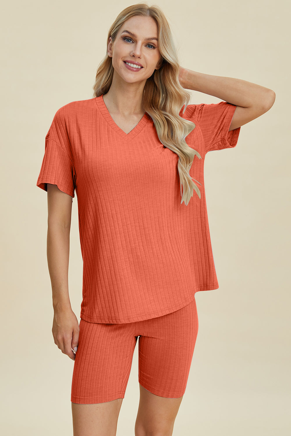 Basic Bae Full Size Ribbed V-Neck Short Sleeve Top and Shorts Set - UrbanEthereal