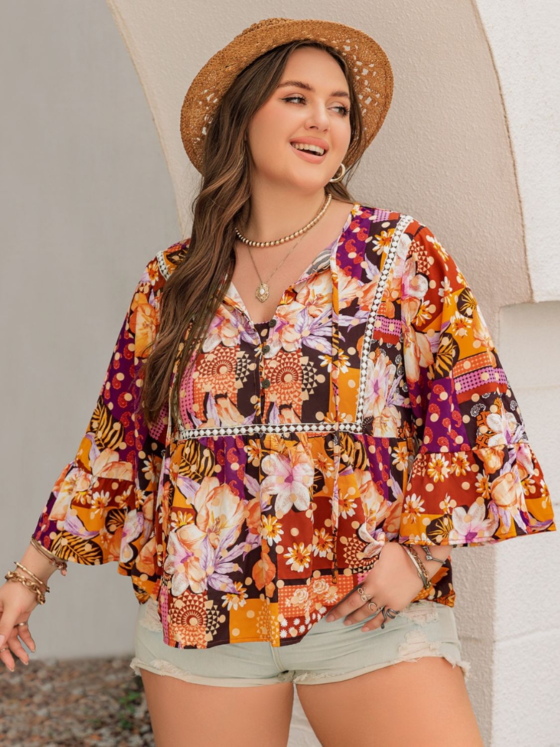 Plus Size Printed Tie Neck Blouse - UrbanEthereal