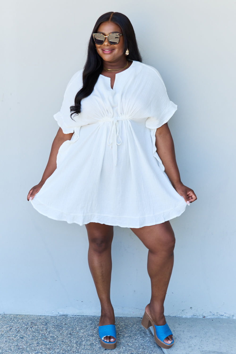 Ninexis Out Of Time Full Size Ruffle Hem Dress with Drawstring Waistband in White - UrbanEthereal