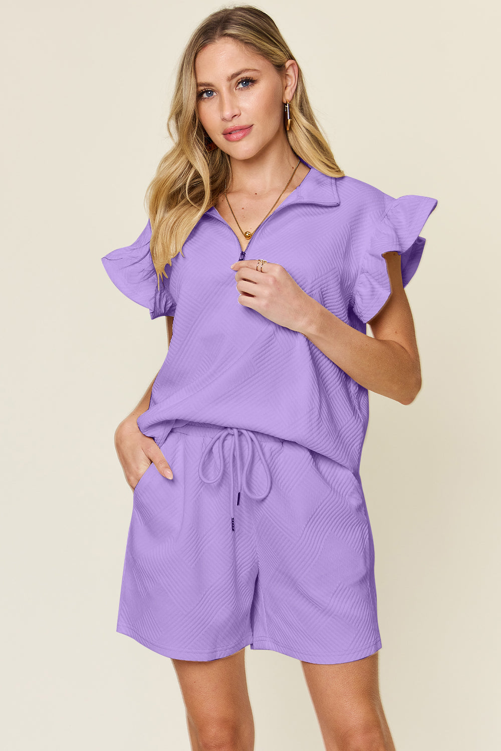Double Take Full Size Texture Flounce Sleeve Top and Drawstring Shorts Set - UrbanEthereal