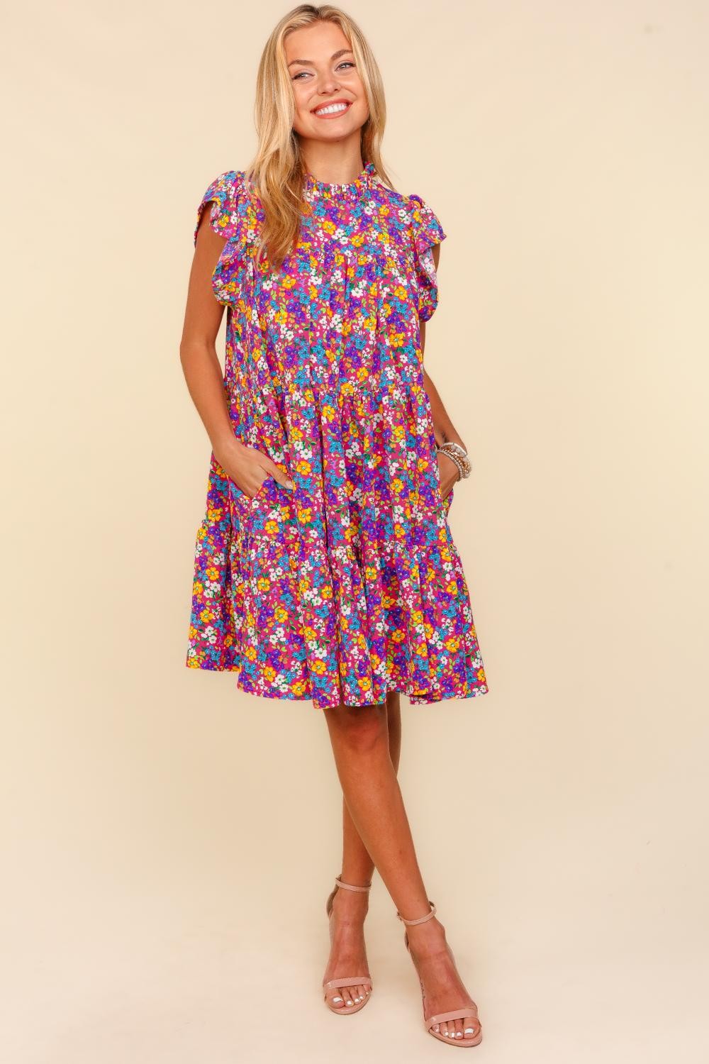 Haptics Frilled Mock Neck Ditsy Floral Dress - UrbanEthereal