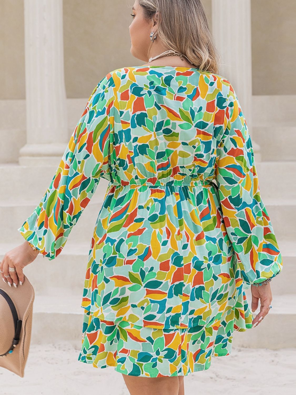 Plus Size Printed Surplice Long Sleeve Mini Dress - UrbanEthereal