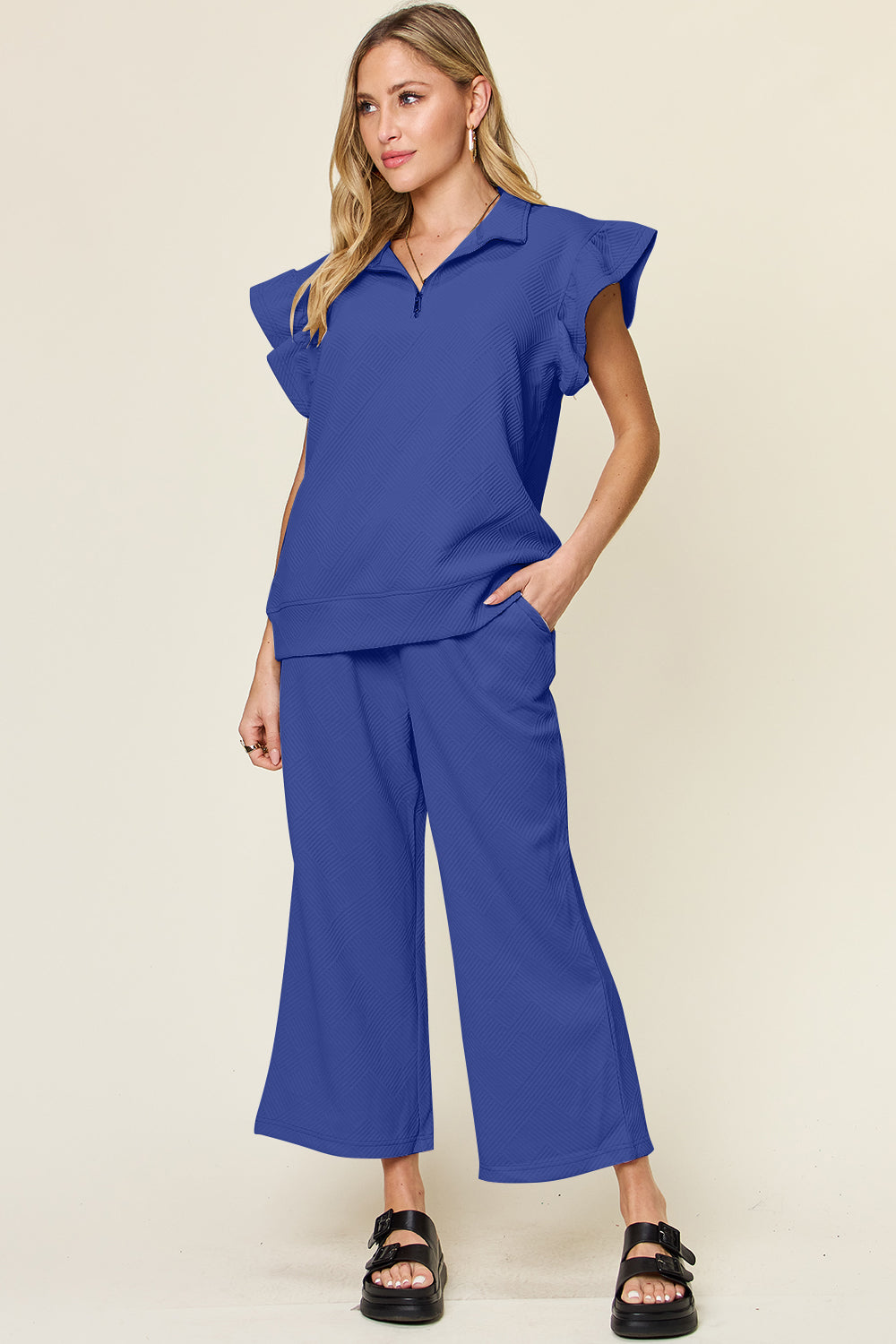 Double Take Texture Ruffle Short Sleeve Top and Drawstring Wide Leg Pants Set - UrbanEthereal