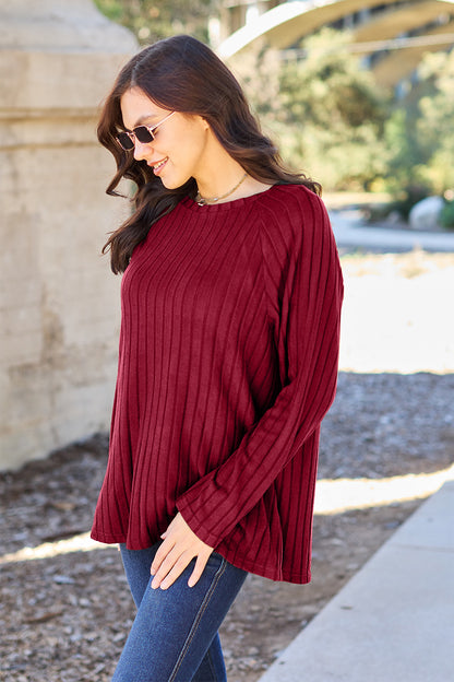 Basic Bae Full Size Ribbed Round Neck Long Sleeve Knit Top - UrbanEthereal