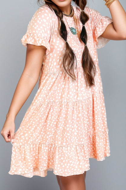 Plus Size Printed Round Neck Flounce Sleeve Mini Dress - UrbanEthereal