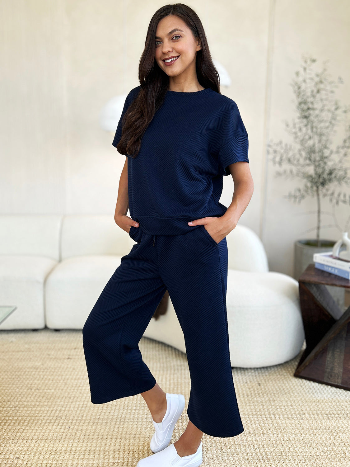 Double Take Full Size Texture Short Sleeve Top and Pants Set - UrbanEthereal