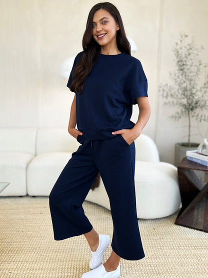 Double Take Full Size Texture Short Sleeve Top and Pants Set - UrbanEthereal