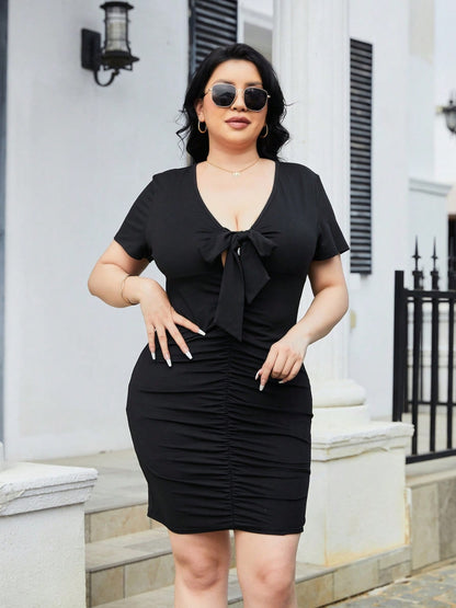Plus Size Ruched Tied Short Sleeve Mini Dress - UrbanEthereal