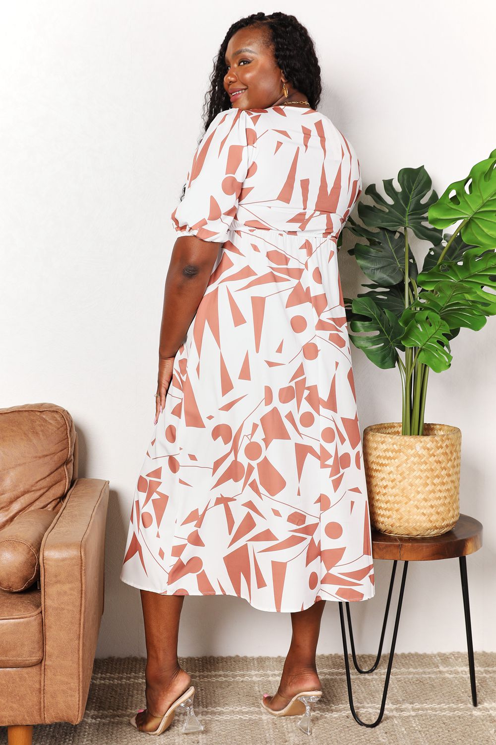 Printed Surplice Balloon Sleeve Dress - UrbanEthereal
