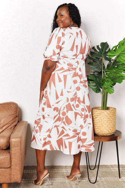 Printed Surplice Balloon Sleeve Dress - UrbanEthereal