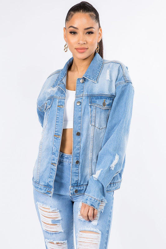 American Bazi Graphic Distressed Long Sleeve Denim Jacket - UrbanEthereal