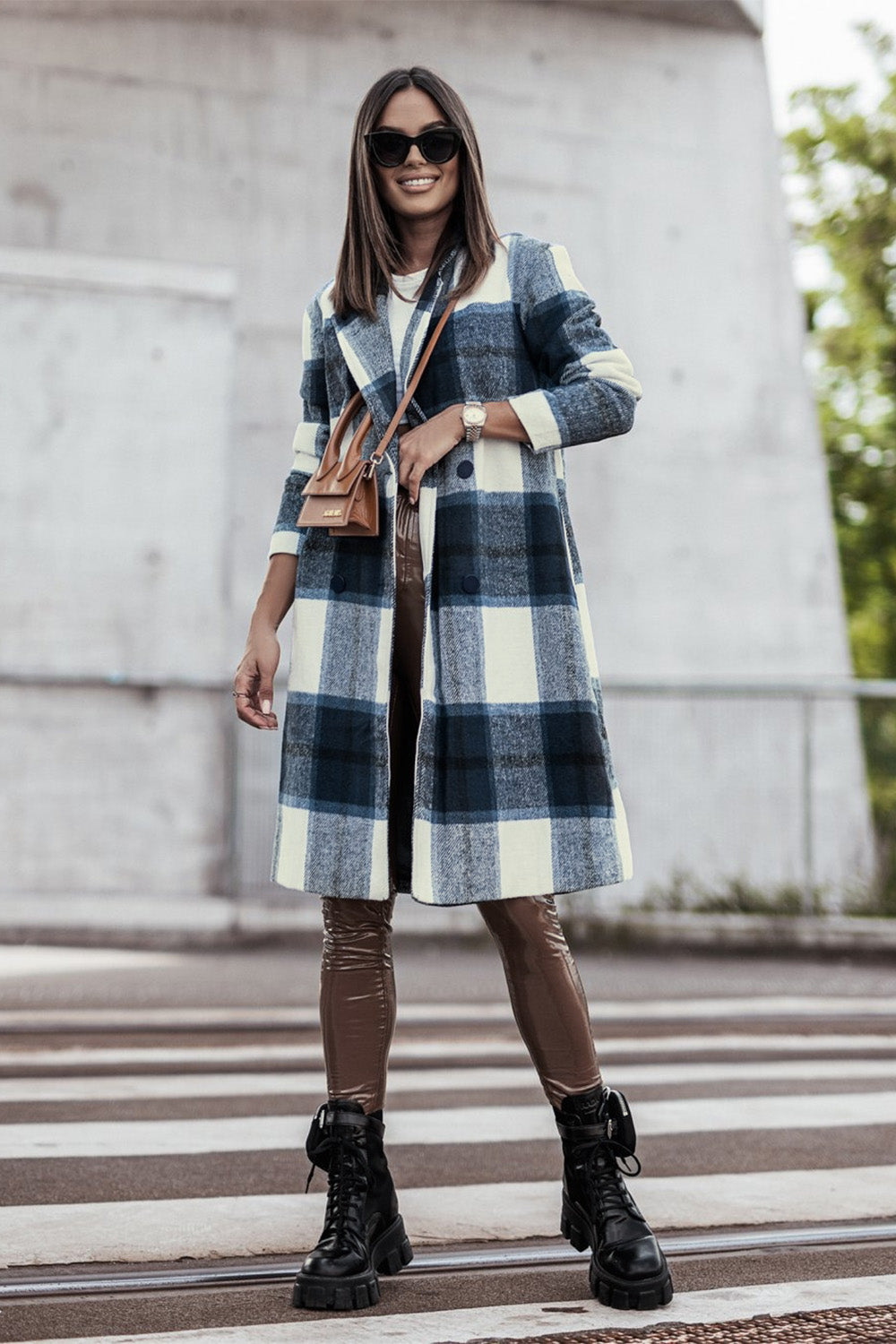 Double Take Full Size Plaid Button Up Lapel Collar Coat - UrbanEthereal