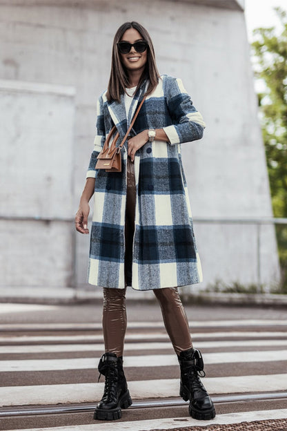Double Take Full Size Plaid Button Up Lapel Collar Coat - UrbanEthereal