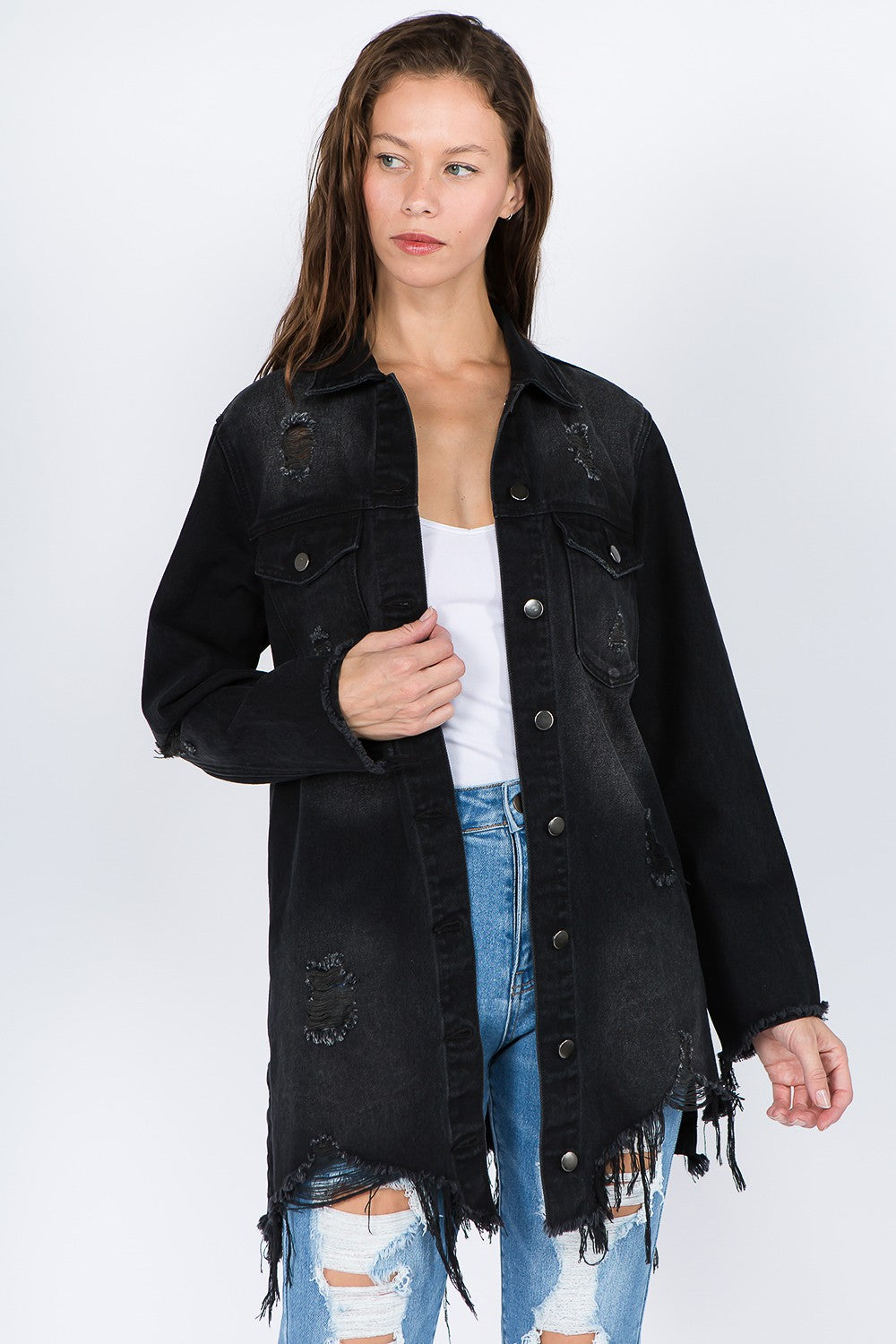 American Bazi Distressed Frayed Hem Denim Jacket - UrbanEthereal