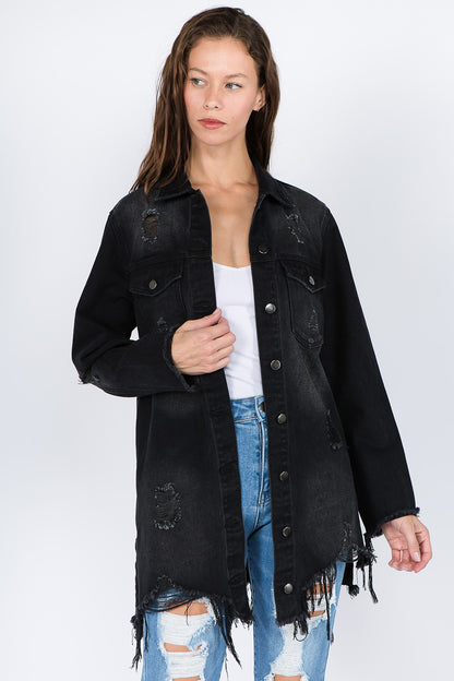 American Bazi Distressed Frayed Hem Denim Jacket - UrbanEthereal