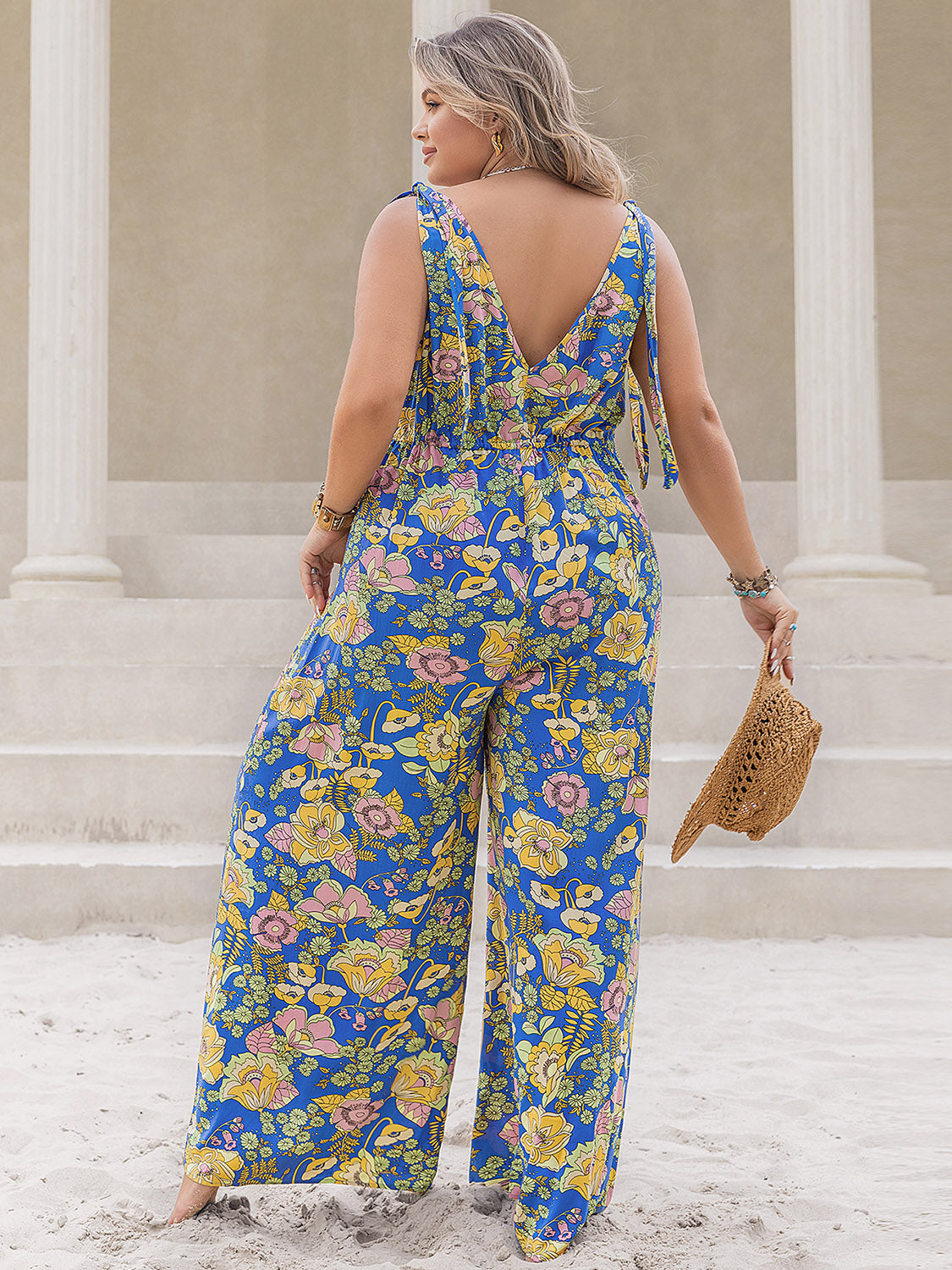 Plus Size Printed V-Neck Wide Leg Jumpsuit - UrbanEthereal