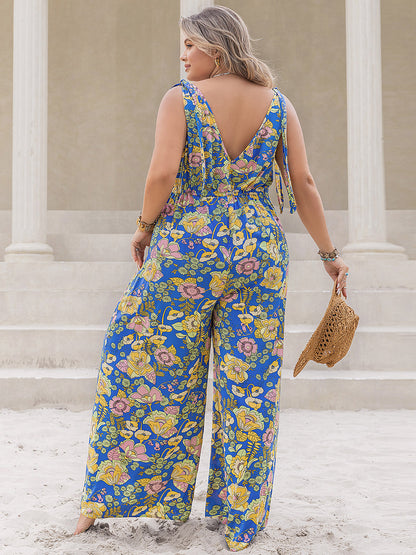 Plus Size Printed V-Neck Wide Leg Jumpsuit - UrbanEthereal