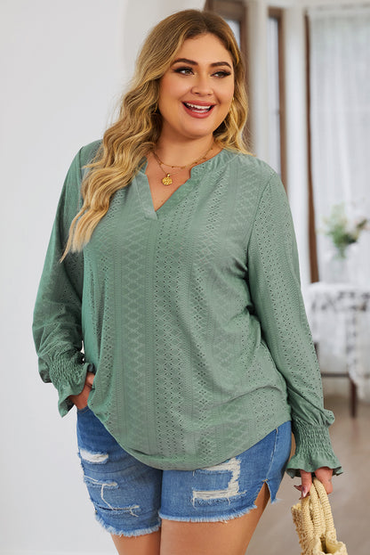 Plus Size Eyelet Notched Flounce Sleeve Blouse - UrbanEthereal