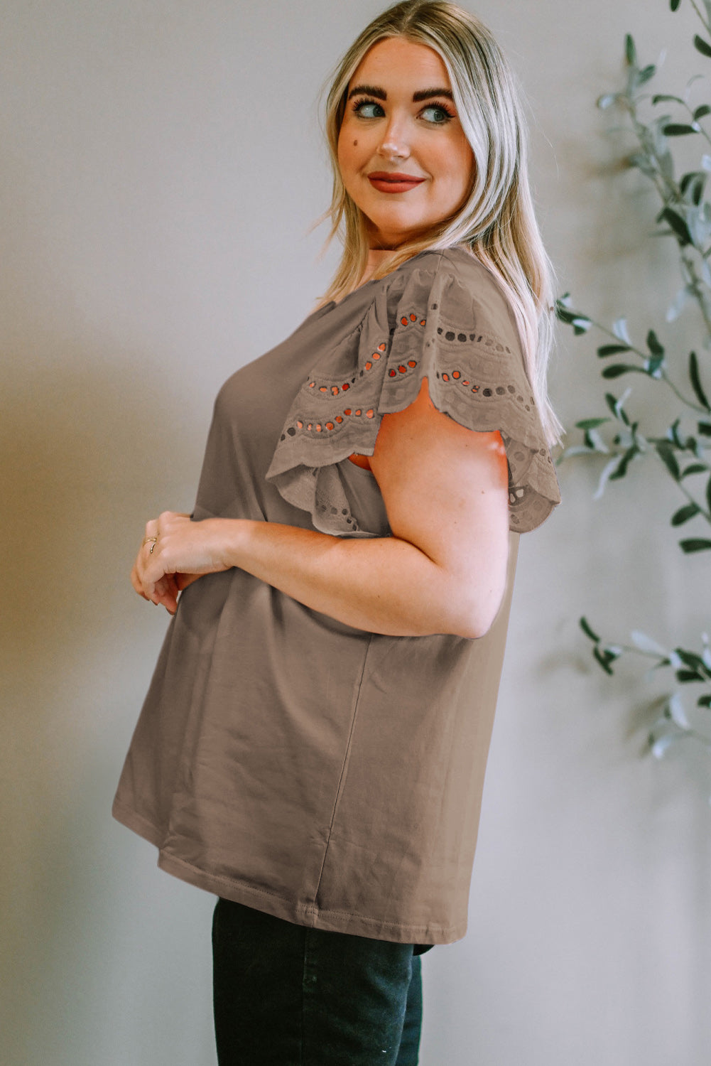 Plus Size Eyelet Round Neck Short Sleeve Blouse - UrbanEthereal