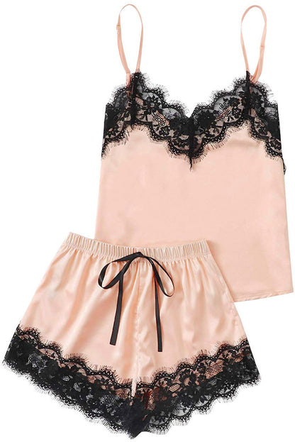 Lace Detail Spaghetti Strap Top and Shorts Lounge Set - UrbanEthereal