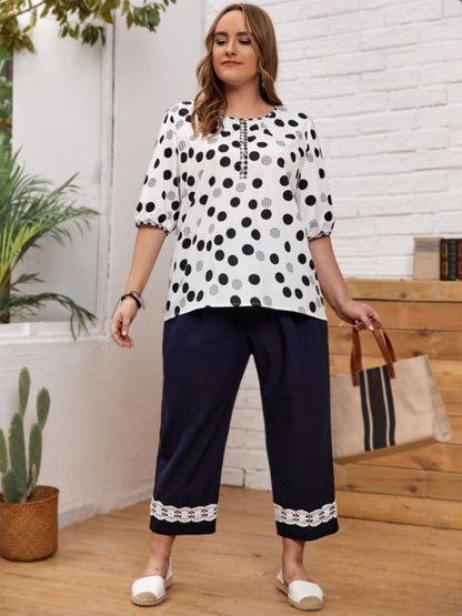 Plus Size Polka Dot Round Neck Half Sleeve Blouse - UrbanEthereal