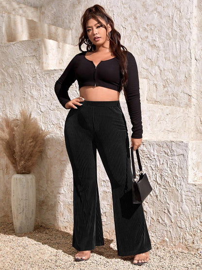 Plus Size Ribbed High Waist Flare Pants - UrbanEthereal