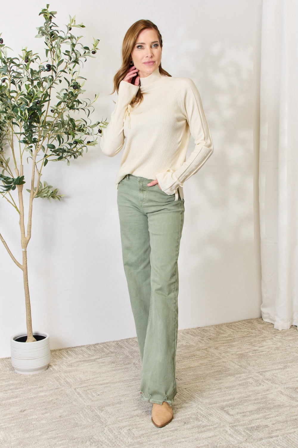 Heimish Full Size Ribbed Bow Detail Long Sleeve Turtleneck Knit Top - UrbanEthereal