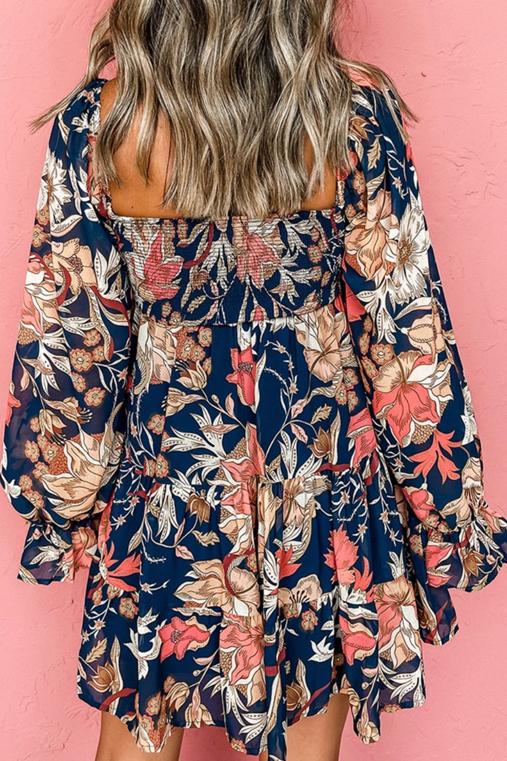 Plus Size Smocked Printed Long Sleeve Dress - UrbanEthereal