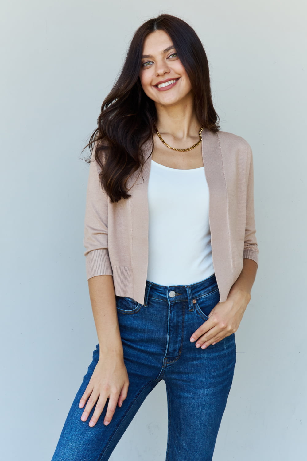 Doublju My Favorite Full Size 3/4 Sleeve Cropped Cardigan in Khaki - UrbanEthereal
