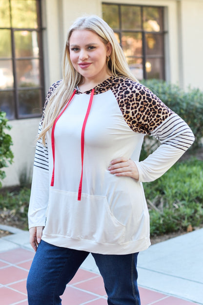 Celeste Design Full Size Leopard Contrast Drawstring Hoodie - UrbanEthereal