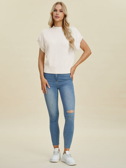 Double Take Full Size Mock Neck Short Sleeve Sweater - UrbanEthereal