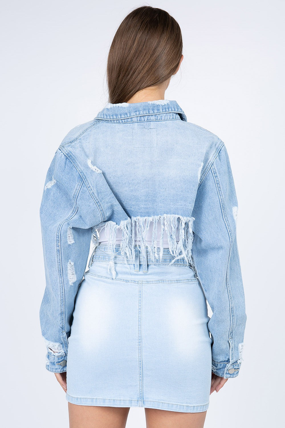 American Bazi Distressed Denim Jacket with Frayed Hem - UrbanEthereal