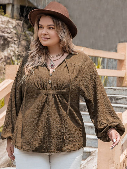 Plus Size Tie Neck Long Sleeve Blouse - UrbanEthereal
