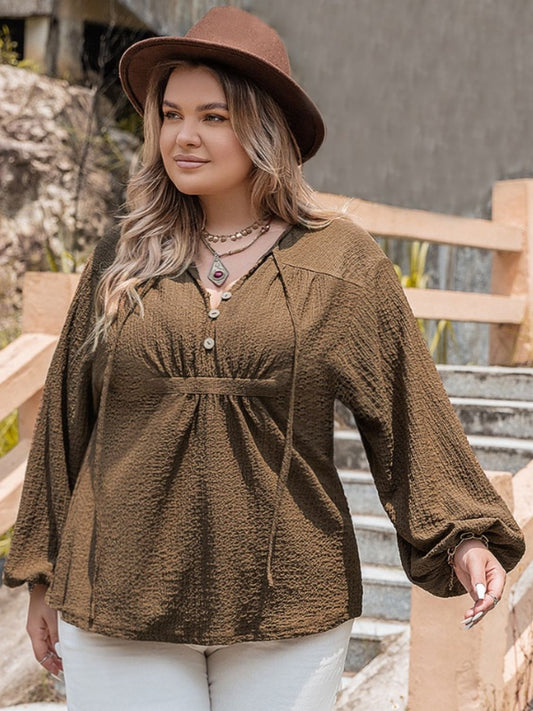 Plus Size Tie Neck Long Sleeve Blouse - UrbanEthereal