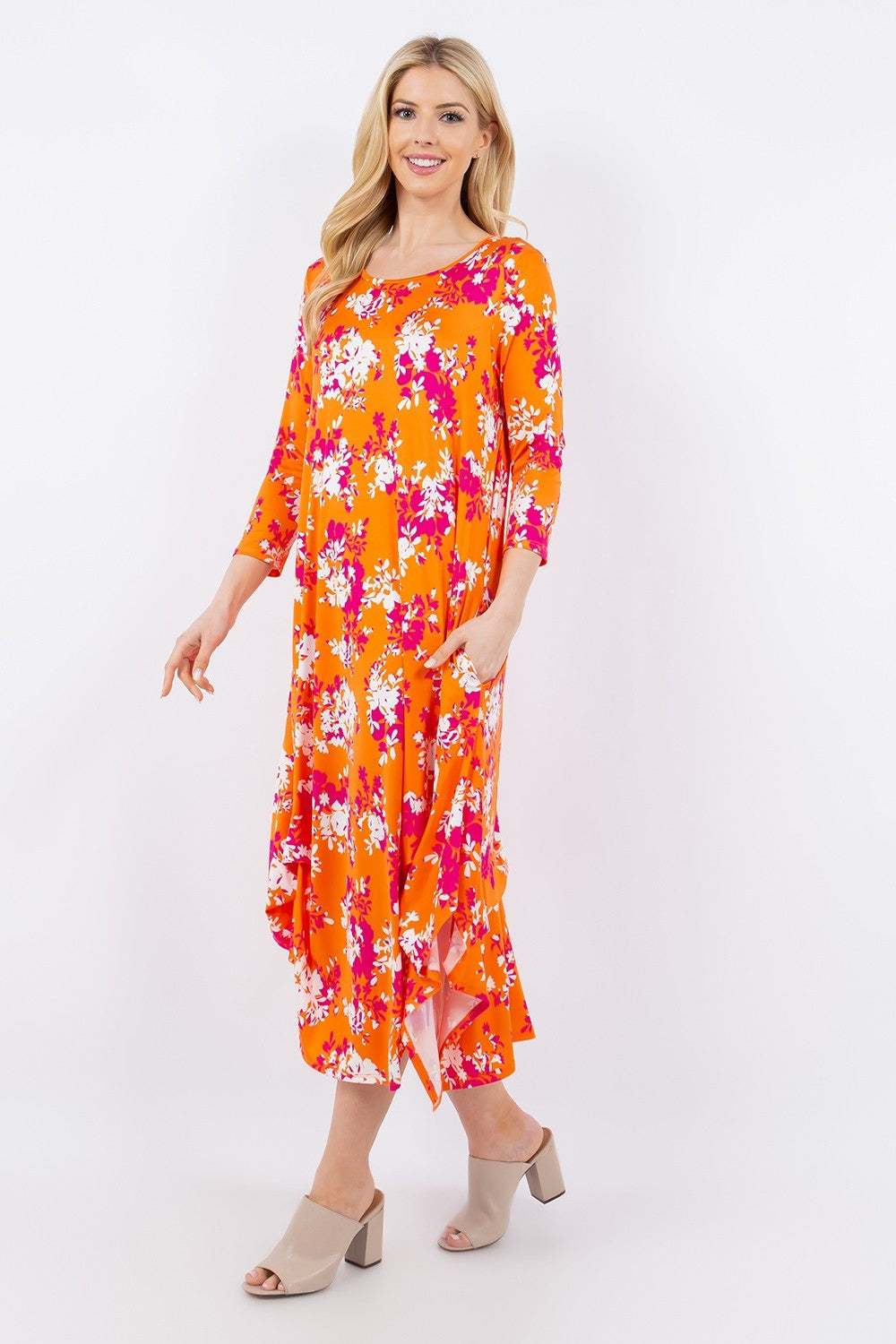 Celeste Full Size Pick-Up Hem Asymmetric Floral Midi Dress - UrbanEthereal