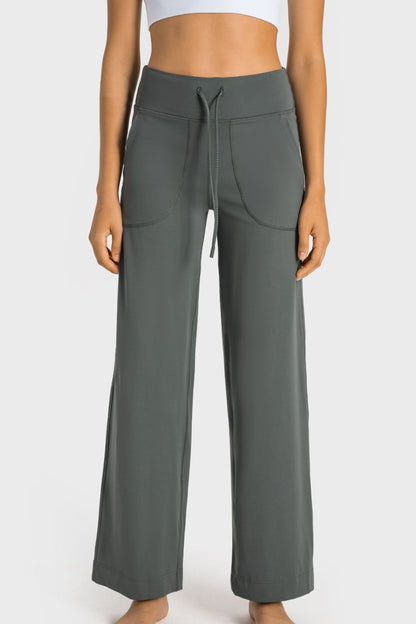 Drawstring Waist Wide Leg Sports Pants with Pockets - UrbanEthereal