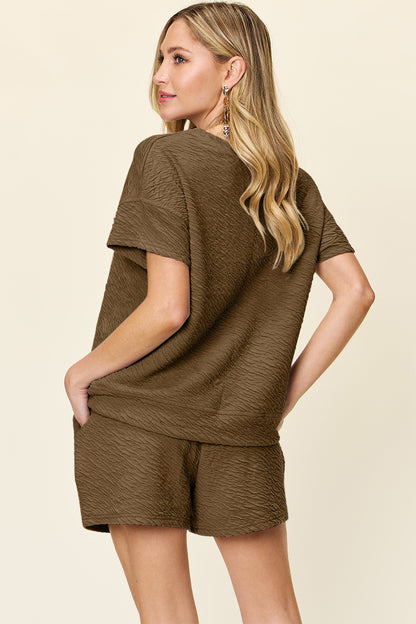 Double Take Full Size Texture Short Sleeve T-Shirt and Drawstring Shorts Set - UrbanEthereal