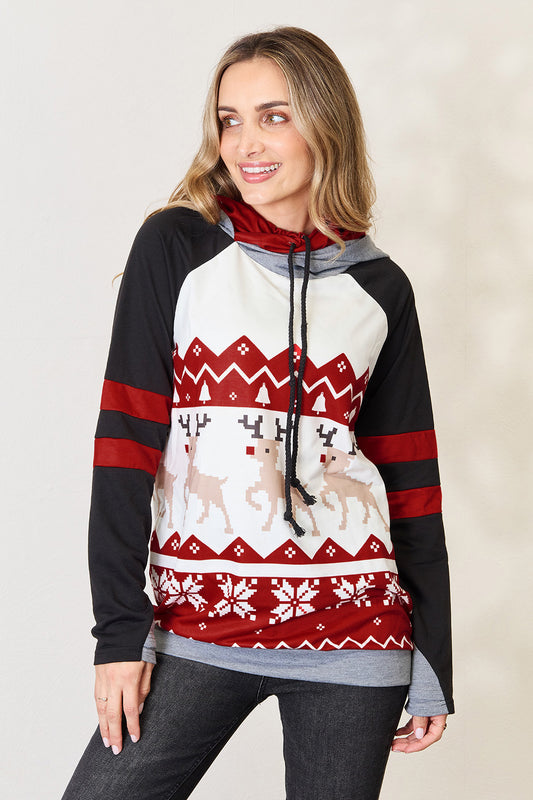 Double Take Full Size Christmas Drawstring Long Sleeve Hoodie - UrbanEthereal
