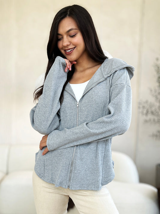 Culture Code Full Size Ribbed Zip Up Drawstring Hooded Jacket - UrbanEthereal
