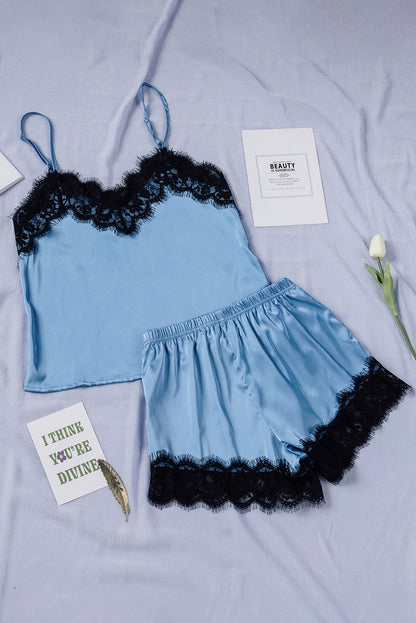 Lace Detail Spaghetti Strap Top and Shorts Lounge Set - UrbanEthereal