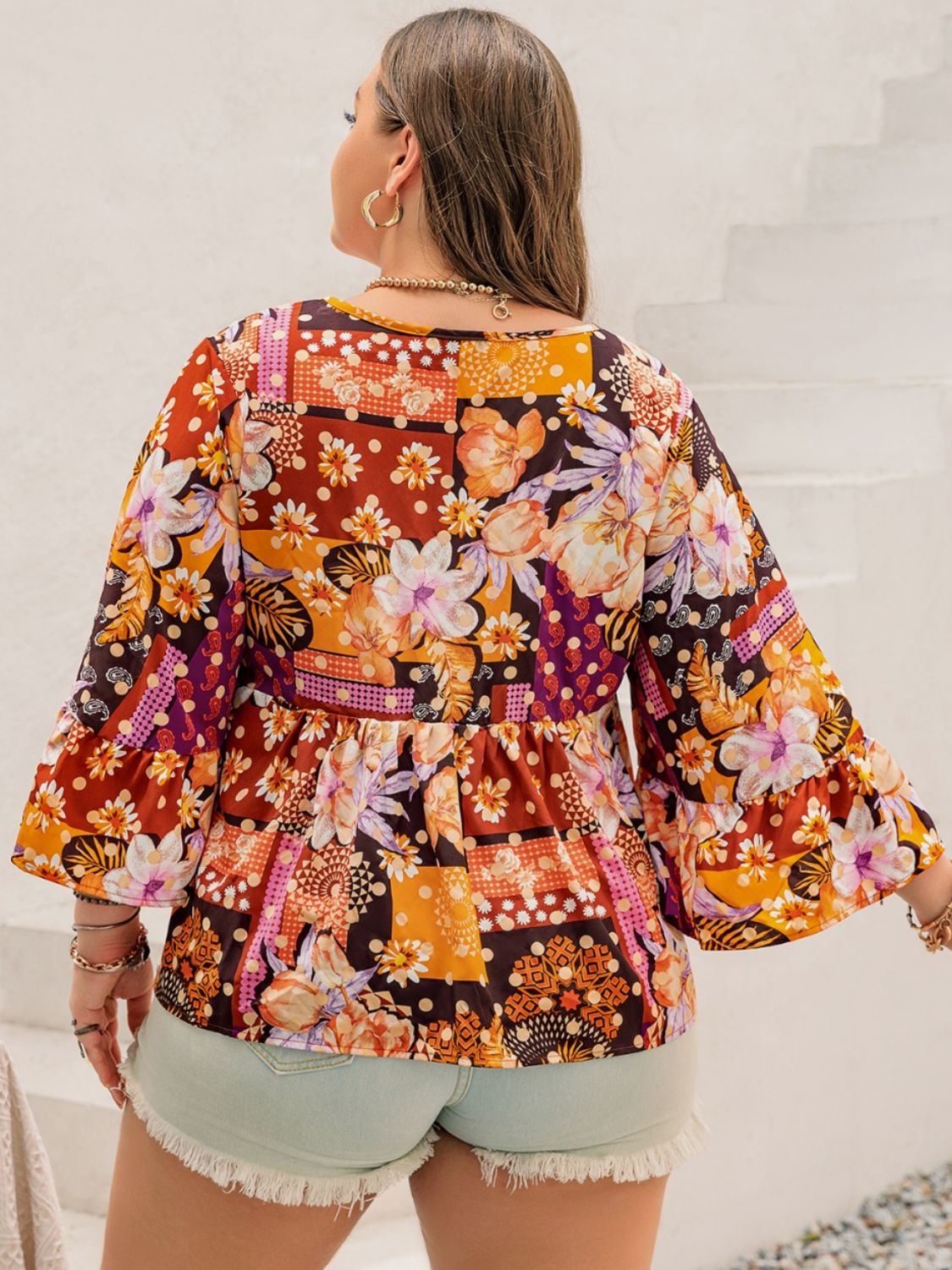 Plus Size Printed Tie Neck Blouse - UrbanEthereal