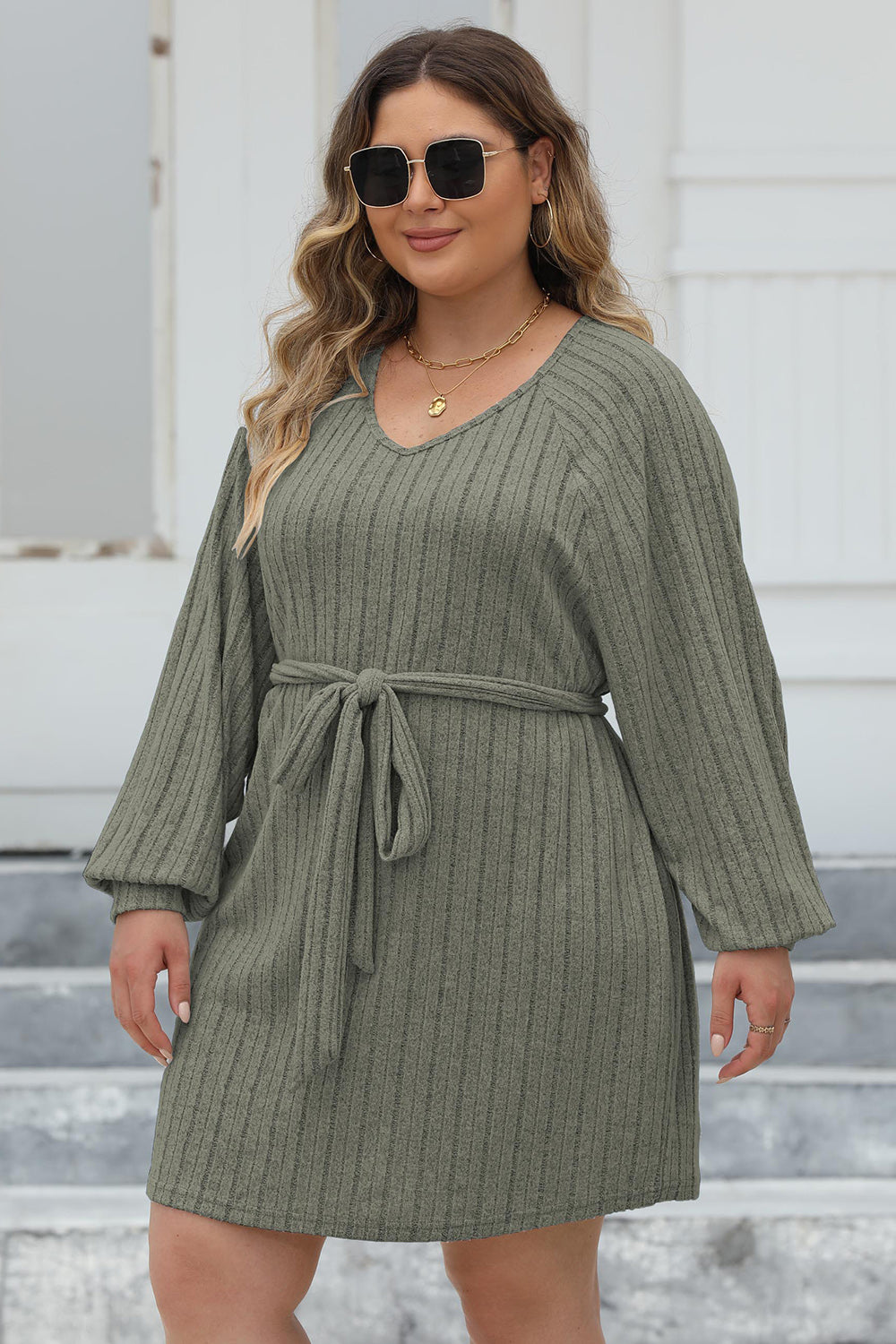 Plus Size Ribbed Tie Front Long Sleeve Sweater Dress - UrbanEthereal