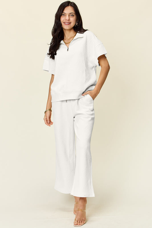 Double Take Full Size Texture Half Zip Short Sleeve Top and Pants Set - UrbanEthereal