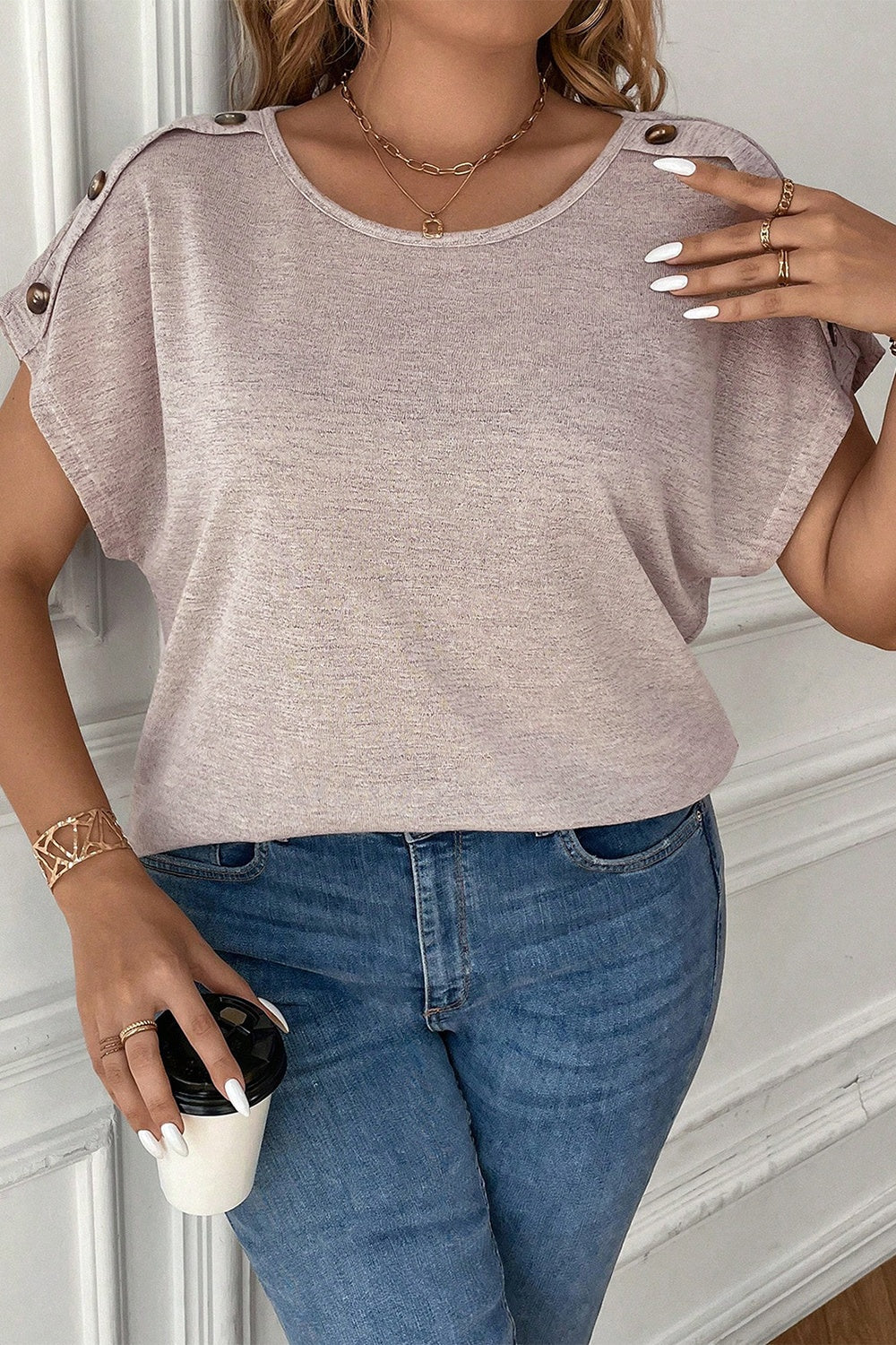 Plus Size Decorative Button Round Neck Short Sleeve T-Shirt - UrbanEthereal