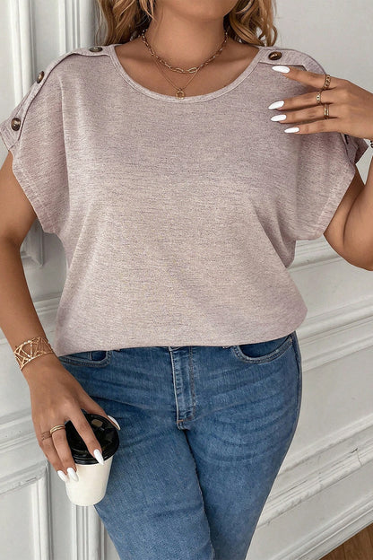 Plus Size Decorative Button Round Neck Short Sleeve T-Shirt - UrbanEthereal