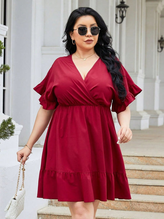 Plus Size Ruched Surplice Flounce Sleeve Mini Dress - UrbanEthereal