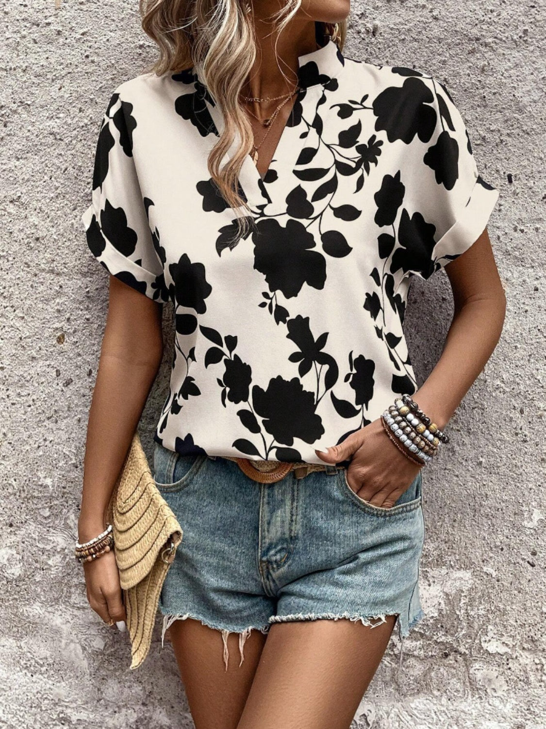 Flower Notched Short Sleeve Blouse - UrbanEthereal
