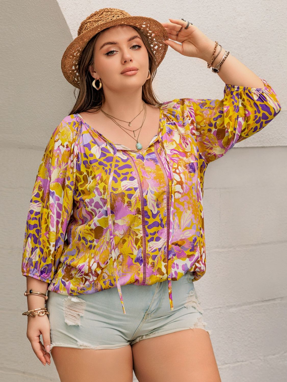 Plus Size Printed Tie Neck Blouse - UrbanEthereal