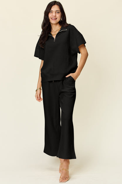 Double Take Full Size Texture Half Zip Short Sleeve Top and Pants Set - UrbanEthereal